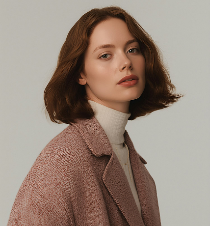 Young woman with shoulder-length brown hair wearing a pink textured coat and white turtleneck sweater.
