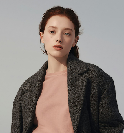 Young woman with red hair wearing a dark grey textured coat over a light pink shirt against a plain light grey background.
