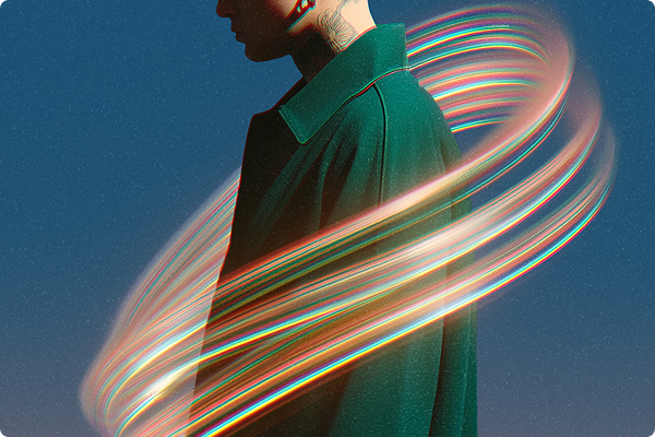 Profile of a person with illuminated neon light trails swirling around their torso against a dark blue background.