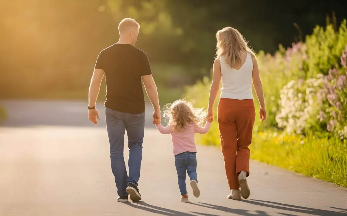 A family strolls together along a sunny path, enjoying quality time outdoors.