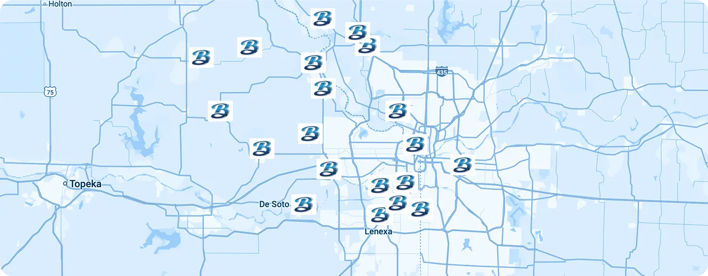 Map displaying locations of businesses in the Kansas City area, marked with the letter 'B'.
