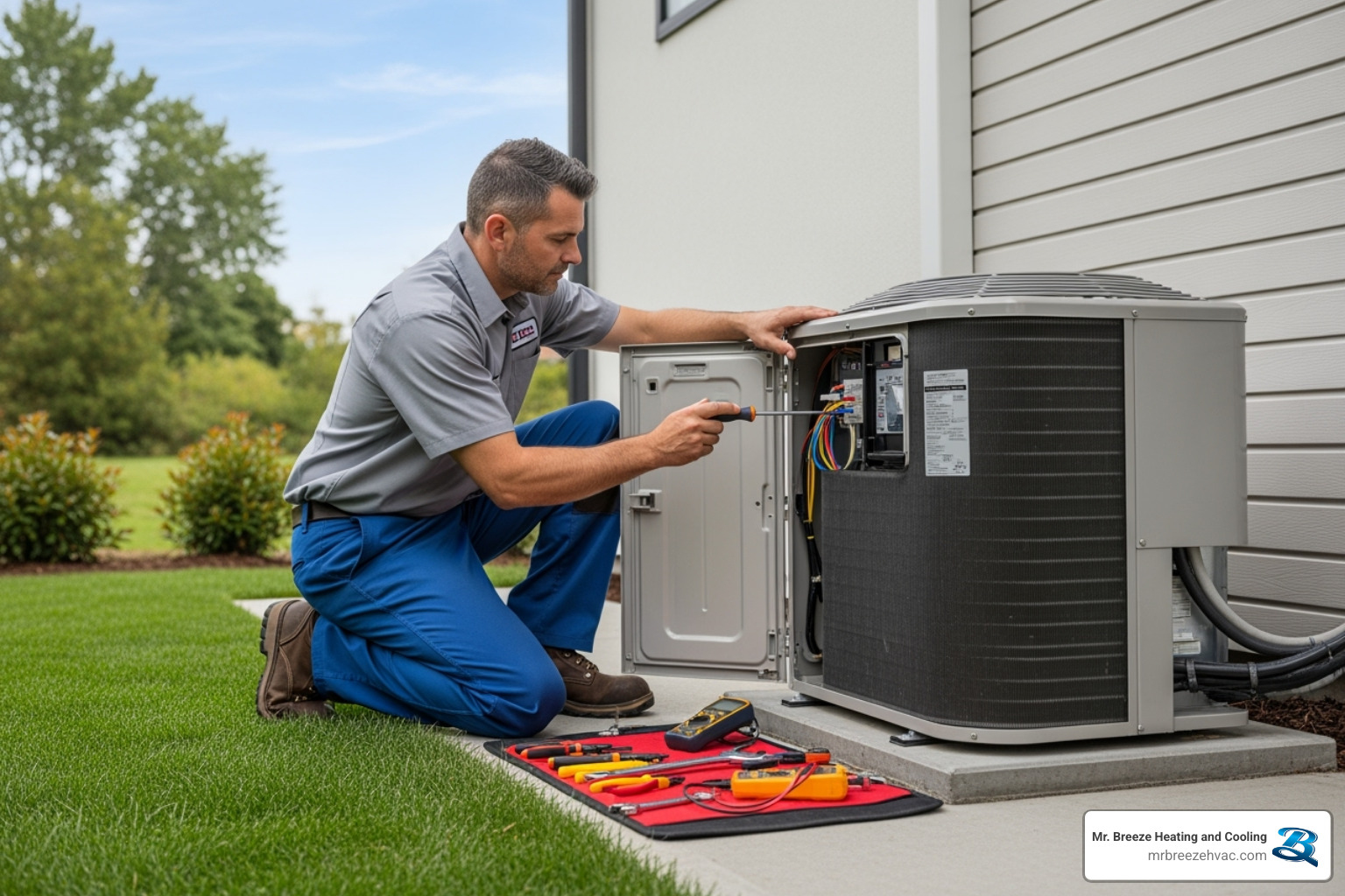 of a professional technician carefully installing an outdoor AC unit - ac installation leavenworth ks