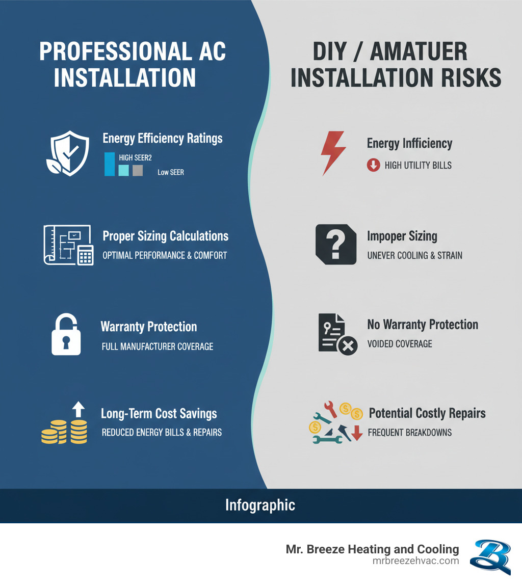 Comprehensive comparison infographic showing benefits of professional AC installation including energy efficiency ratings, proper sizing calculations, warranty protection, and long-term cost savings versus DIY or amateur installation risks - ac installation leavenworth ks infographic 