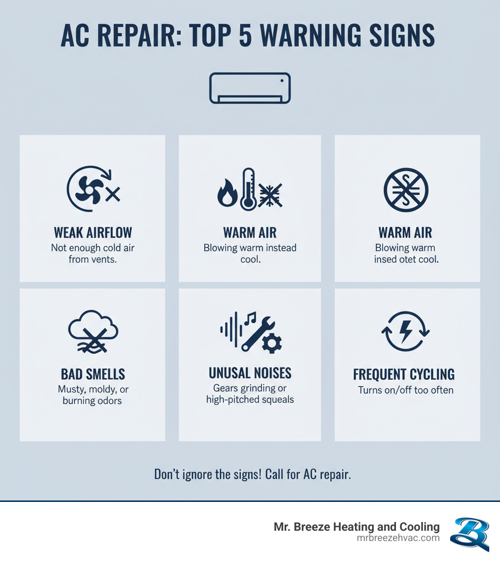 Infographic showing the top 5 warning signs your air conditioner needs repair: weak airflow, warm air instead of cool, unusual noises like grinding or squealing, musty or burning smells, and frequent on-off cycling - ac repair leavenworth ks infographic 