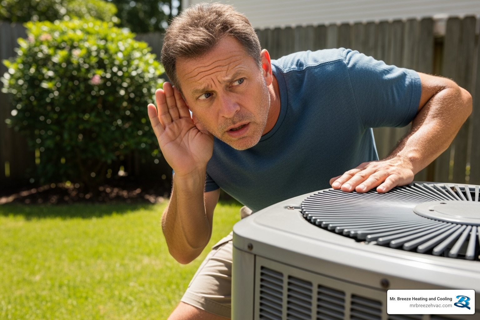homeowner listening to a noisy outdoor AC unit - ac repair leavenworth ks