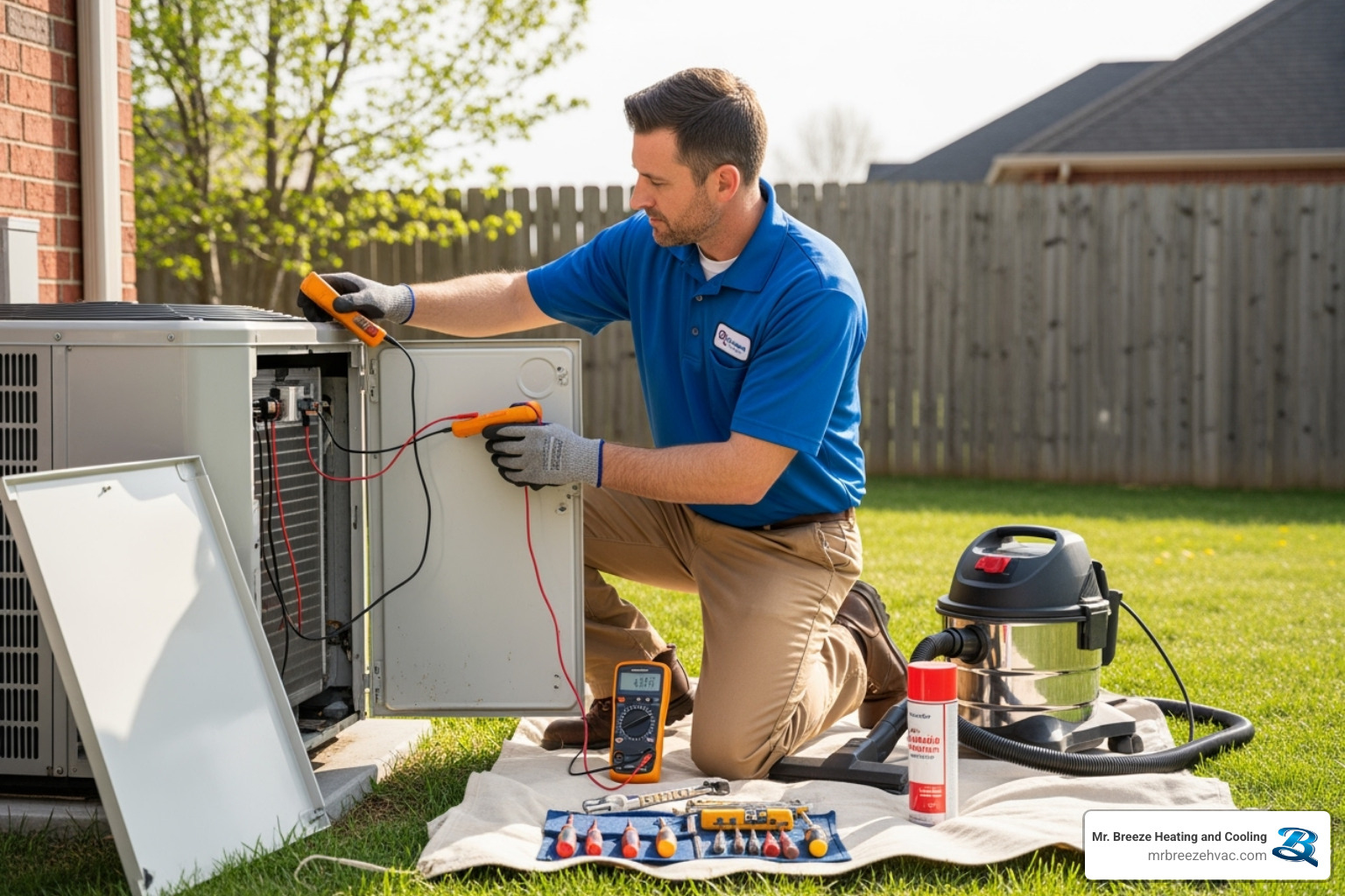 technician performing a spring AC tune-up - ac repair leavenworth ks
