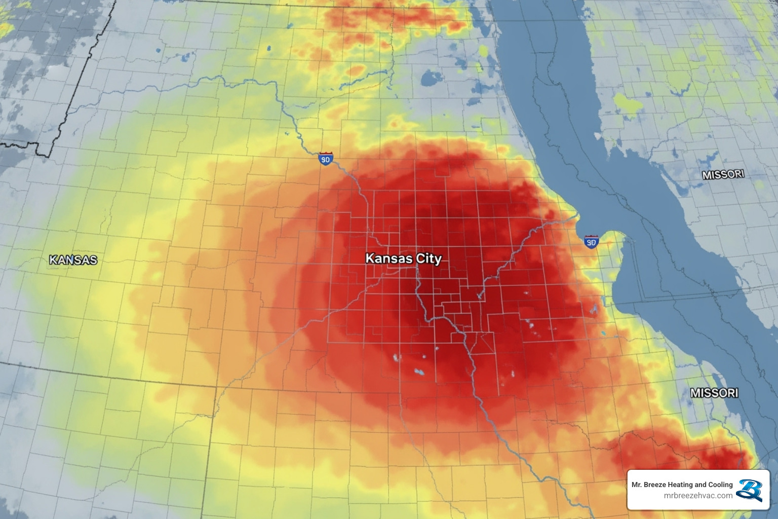 weather map showing heatwave over Kansas City - air conditioner replacement kansas city ks