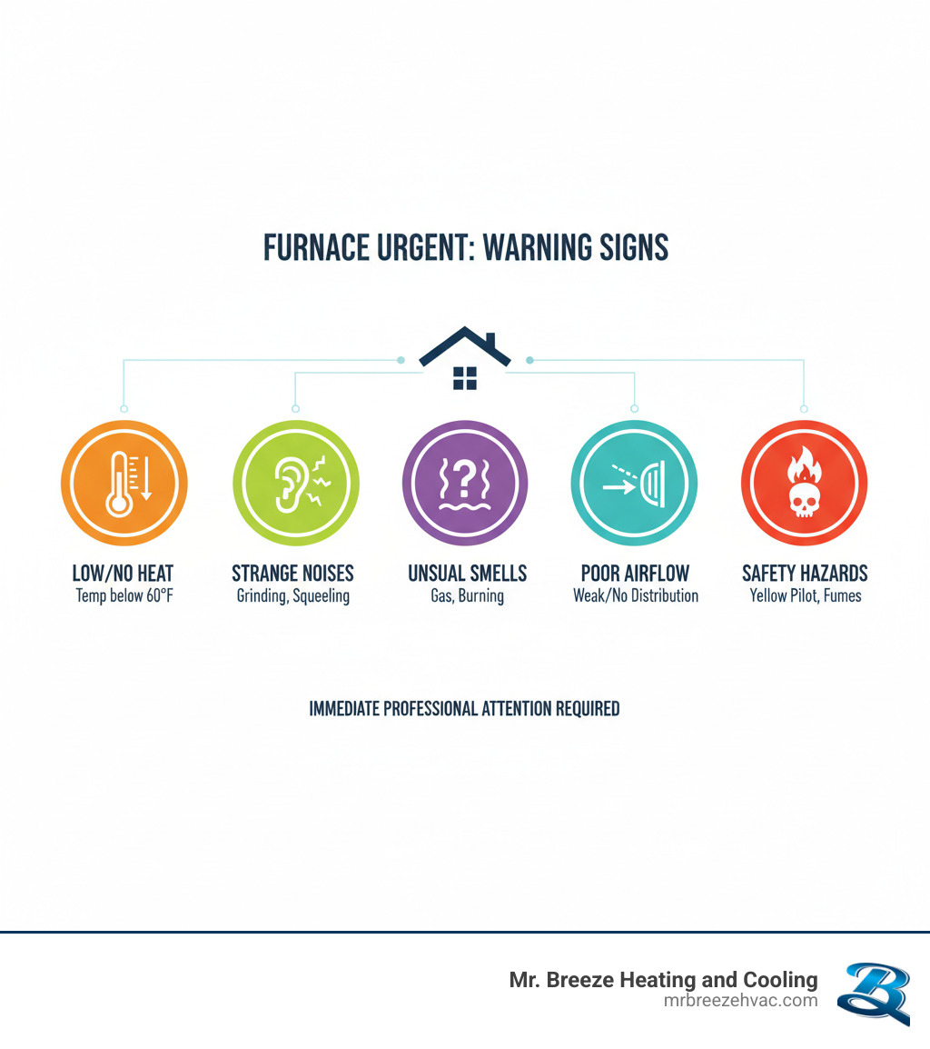 Emergency furnace repair warning signs infographic showing temperature readings, strange sounds, unusual smells, poor airflow indicators, and safety hazards that require immediate professional attention - 24 hour furnace repair leavenworth ks infographic 