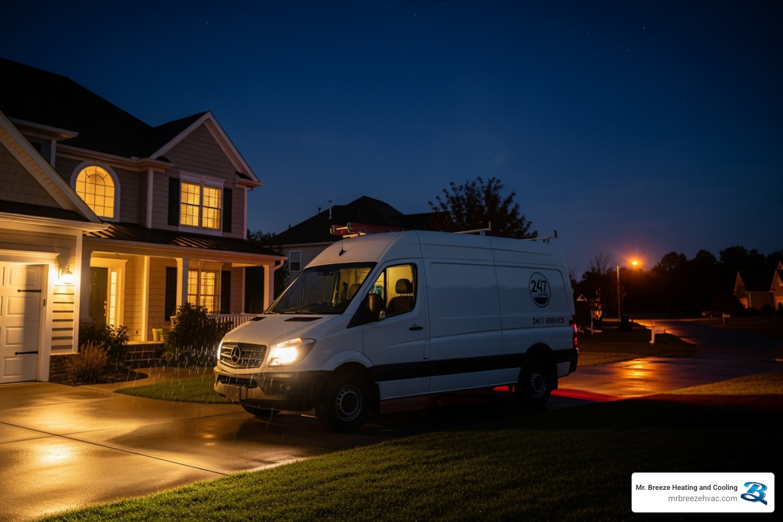 service van arriving at a house at night - 24 hour furnace repair leavenworth ks