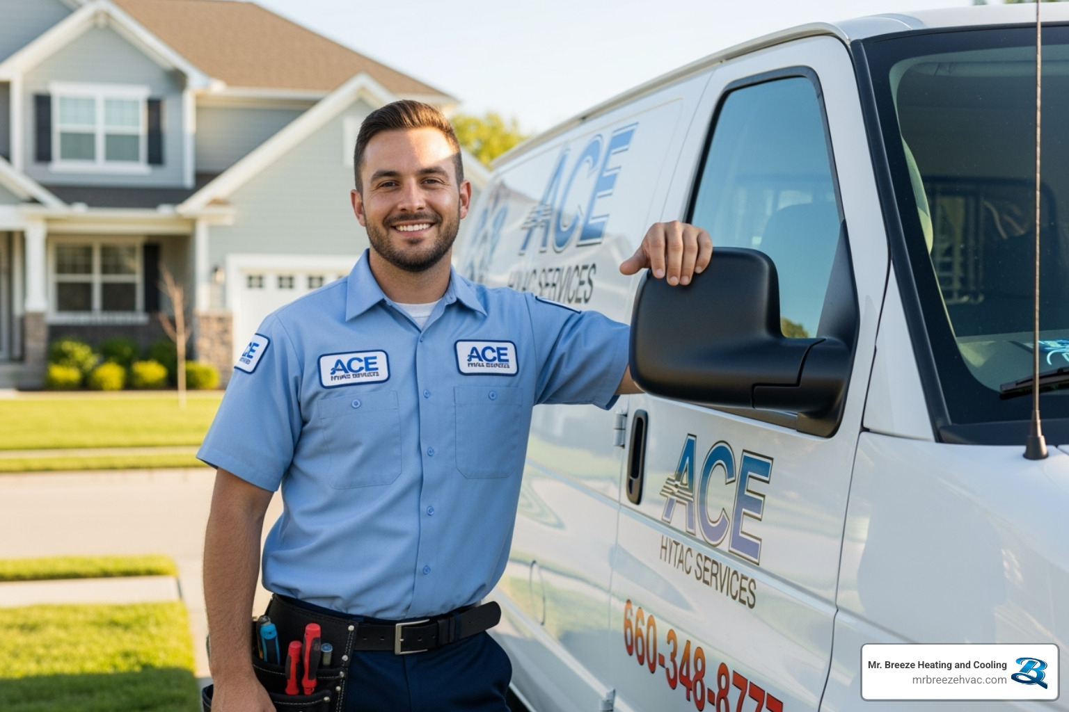 friendly HVAC technician with a company van - heating repair leavenworth ks