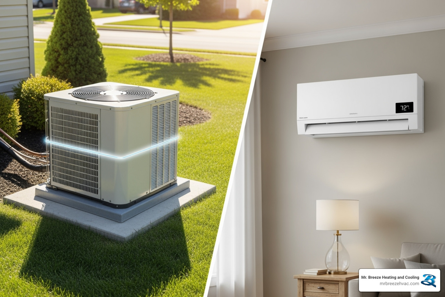 showing a side-by-side comparison of a central AC unit and a ductless mini-split head unit - ac installation leavenworth ks