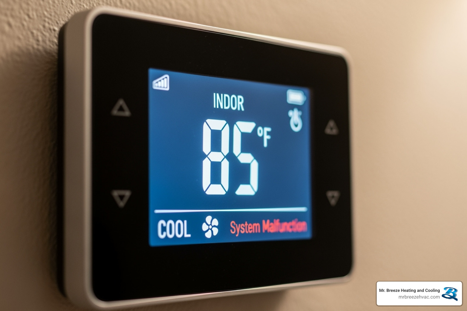 A thermostat showing a high indoor temperature, indicating AC system failure - 24 hour ac repair leavenworth ks