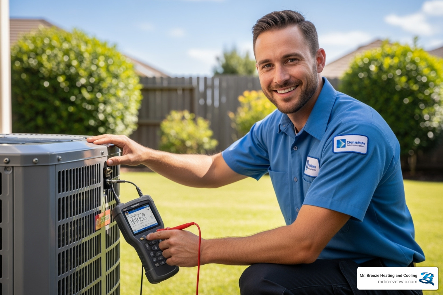 A friendly technician diagnosing an outdoor AC unit - 24 hour ac repair leavenworth ks