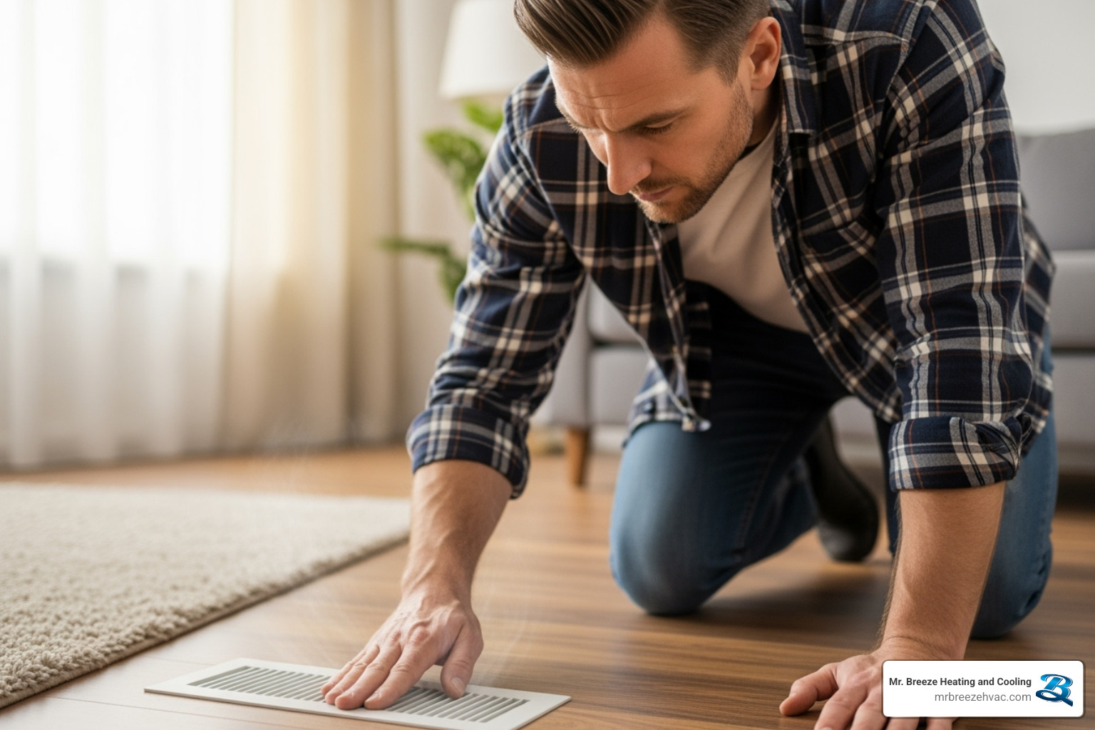 Homeowner checking a vent for airflow - heating repair leavenworth ks