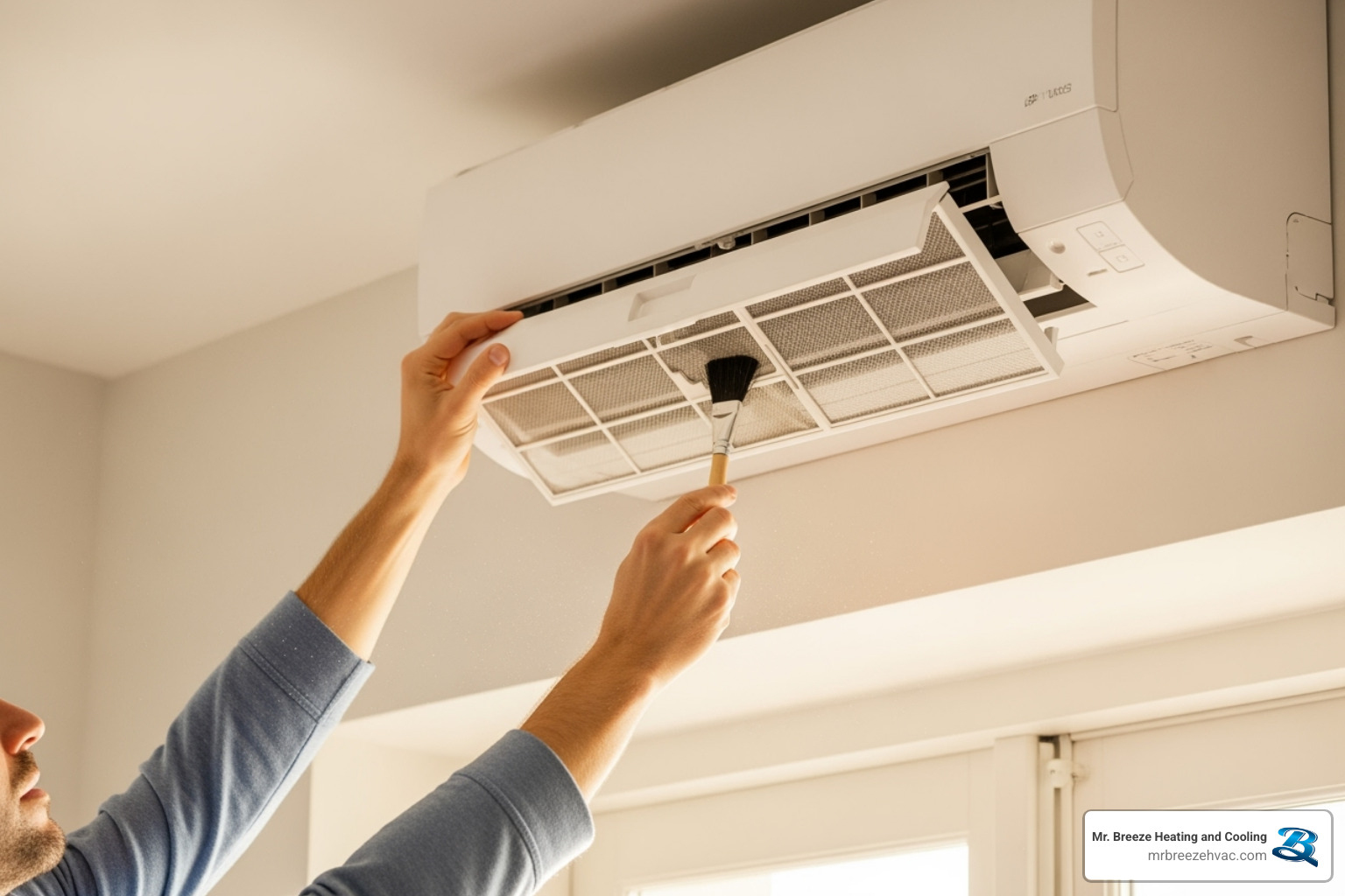 homeowner easily cleaning the filter of an indoor ductless unit - ductless ac installation kansas city ks