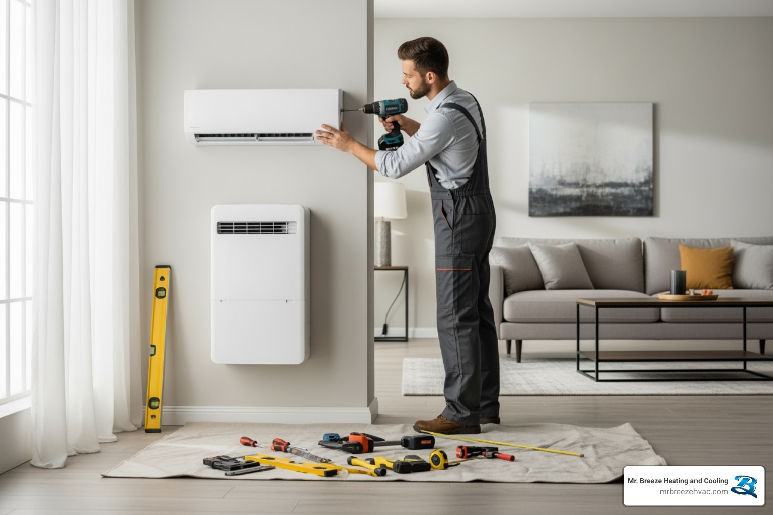 technician neatly installing an indoor unit on a wall - ductless ac installation kansas city ks
