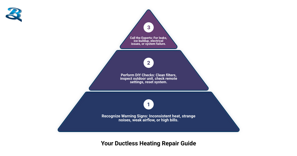 Comprehensive guide showing ductless heating system components, common failure points, troubleshooting steps, and when to call professionals for repair in Leavenworth Kansas - ductless heating repair leavenworth ks infographic 3_stage_pyramid