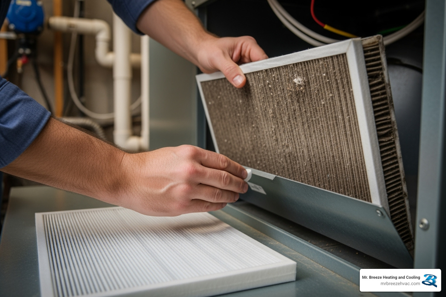 A homeowner replacing a dirty air filter in their HVAC system. - affordable ac repair leavenworth ks
