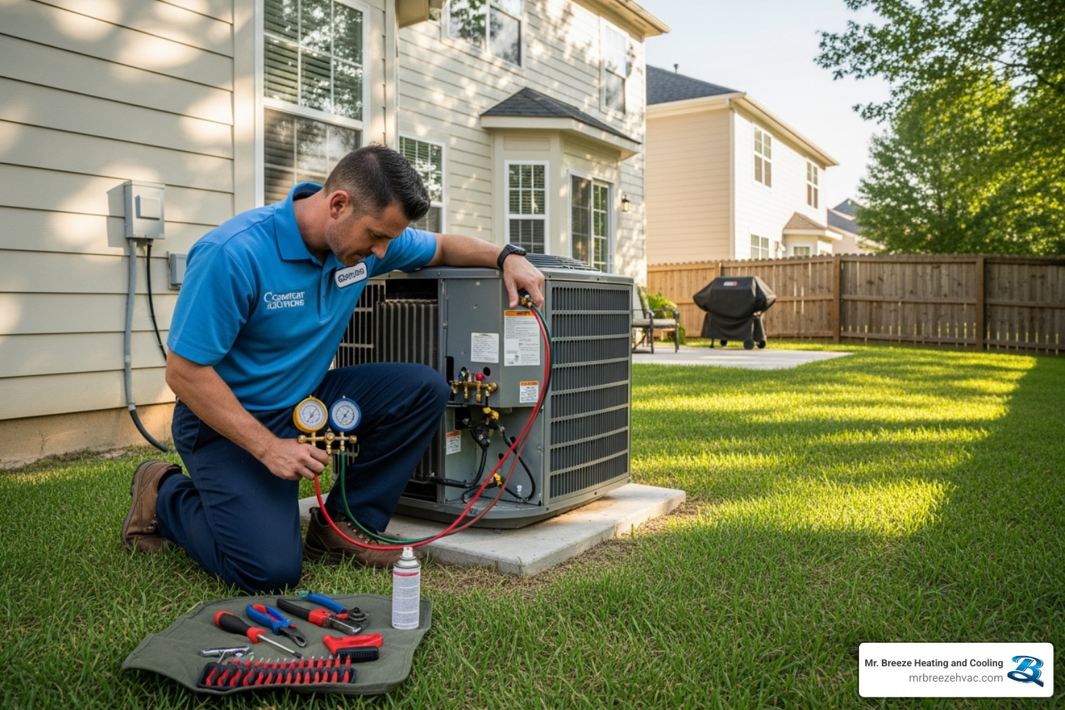 HVAC technician inspecting AC unit - air conditioner not cooling leavenworth