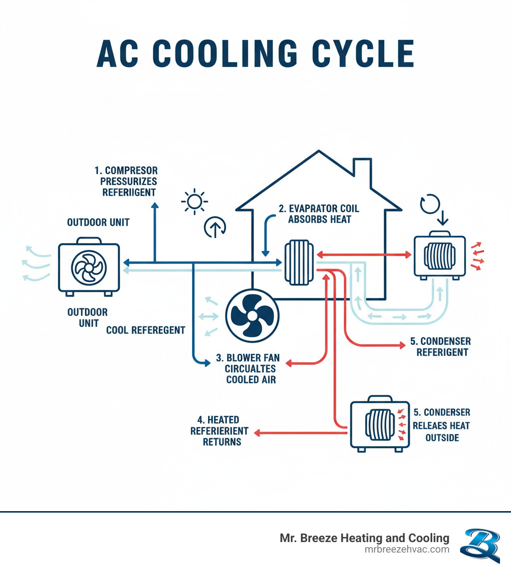 Infographic showing the air conditioning cooling cycle: outdoor unit compressor pressurizes refrigerant, indoor evaporator coil absorbs heat from home air, blower fan circulates cooled air through ducts, heated refrigerant returns to outdoor condenser to release heat outside - air conditioner not cooling leavenworth infographic 
