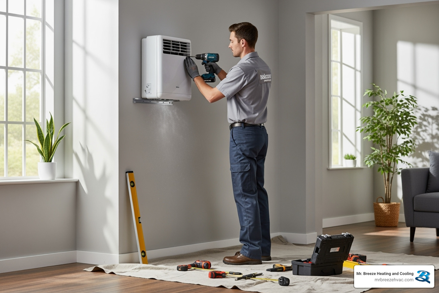 certified technician professionally installing an indoor mini-split unit on a wall - mini split ac install leavenworth ks