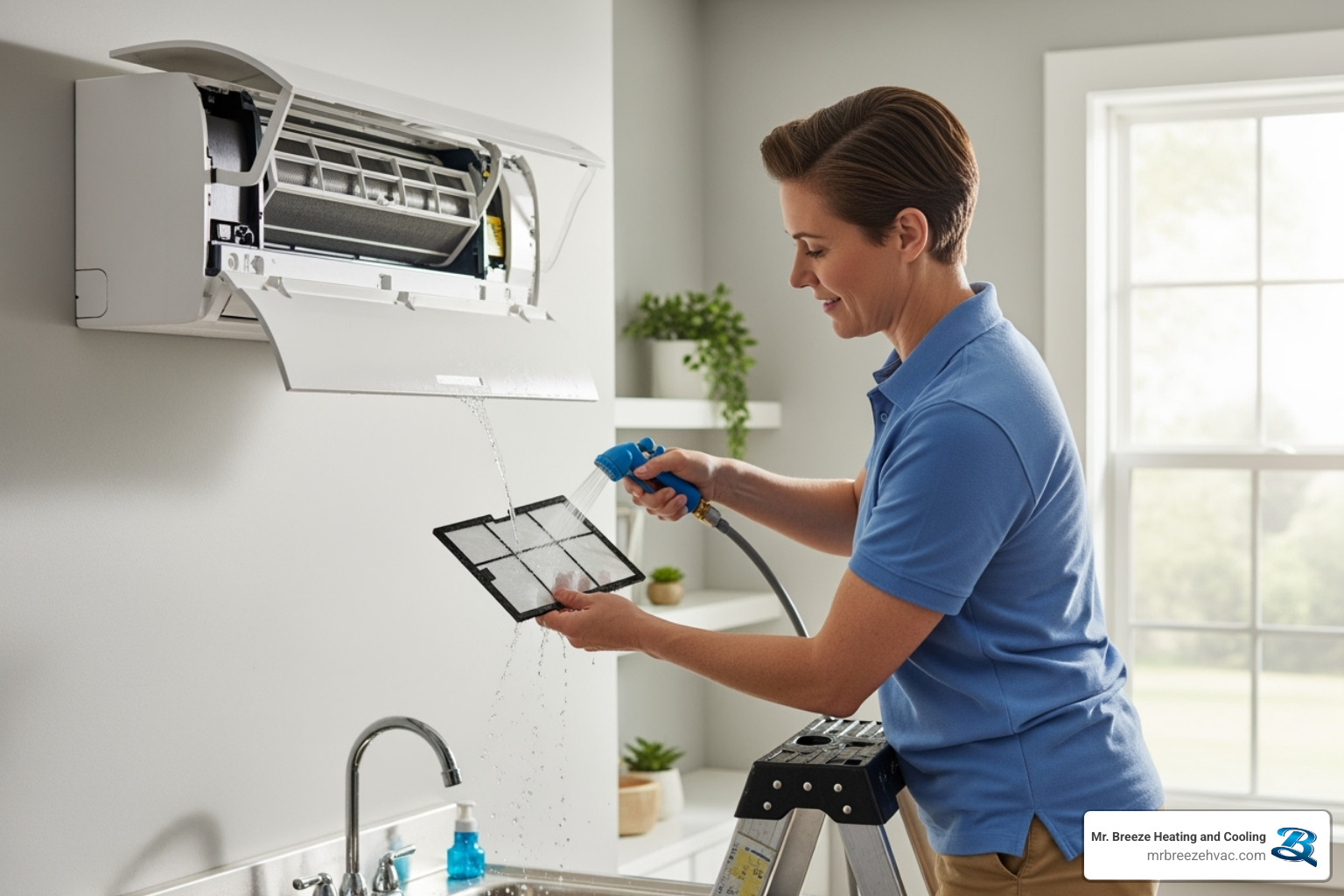 homeowner easily cleaning the filter of an indoor mini-split unit - mini split ac install leavenworth ks