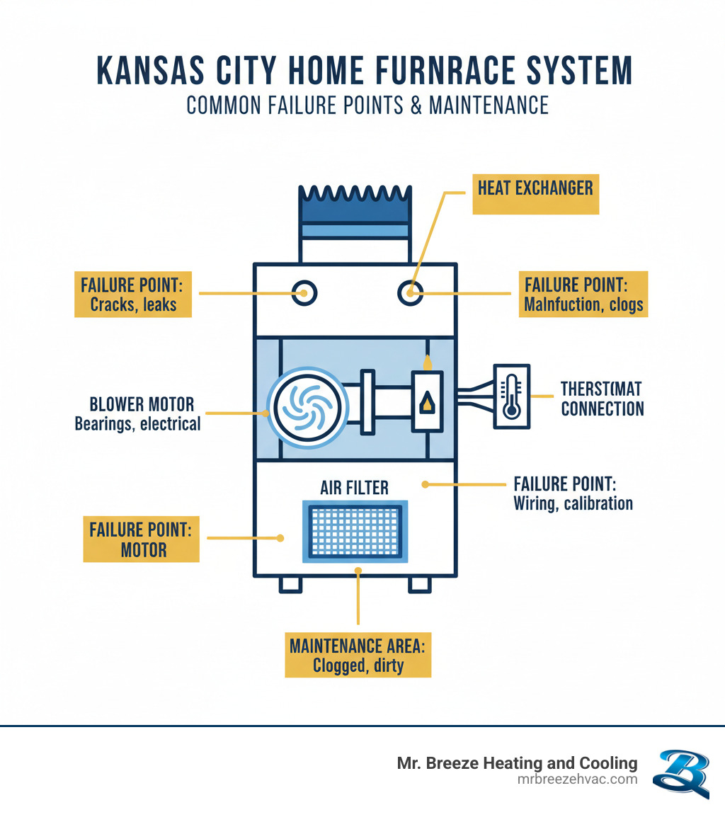 Infographic showing the main components of a home furnace system including the heat exchanger, blower motor, gas valve, ignitor, thermostat connection, and air filter, with labels indicating common failure points and maintenance areas for Kansas City homeowners - furnace repair kansas city ks infographic 