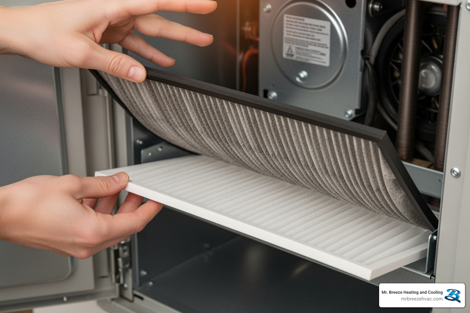 A homeowner carefully replacing a dirty furnace filter with a clean one, highlighting the importance of regular filter changes for system efficiency and air quality. - furnace repair kansas city ks