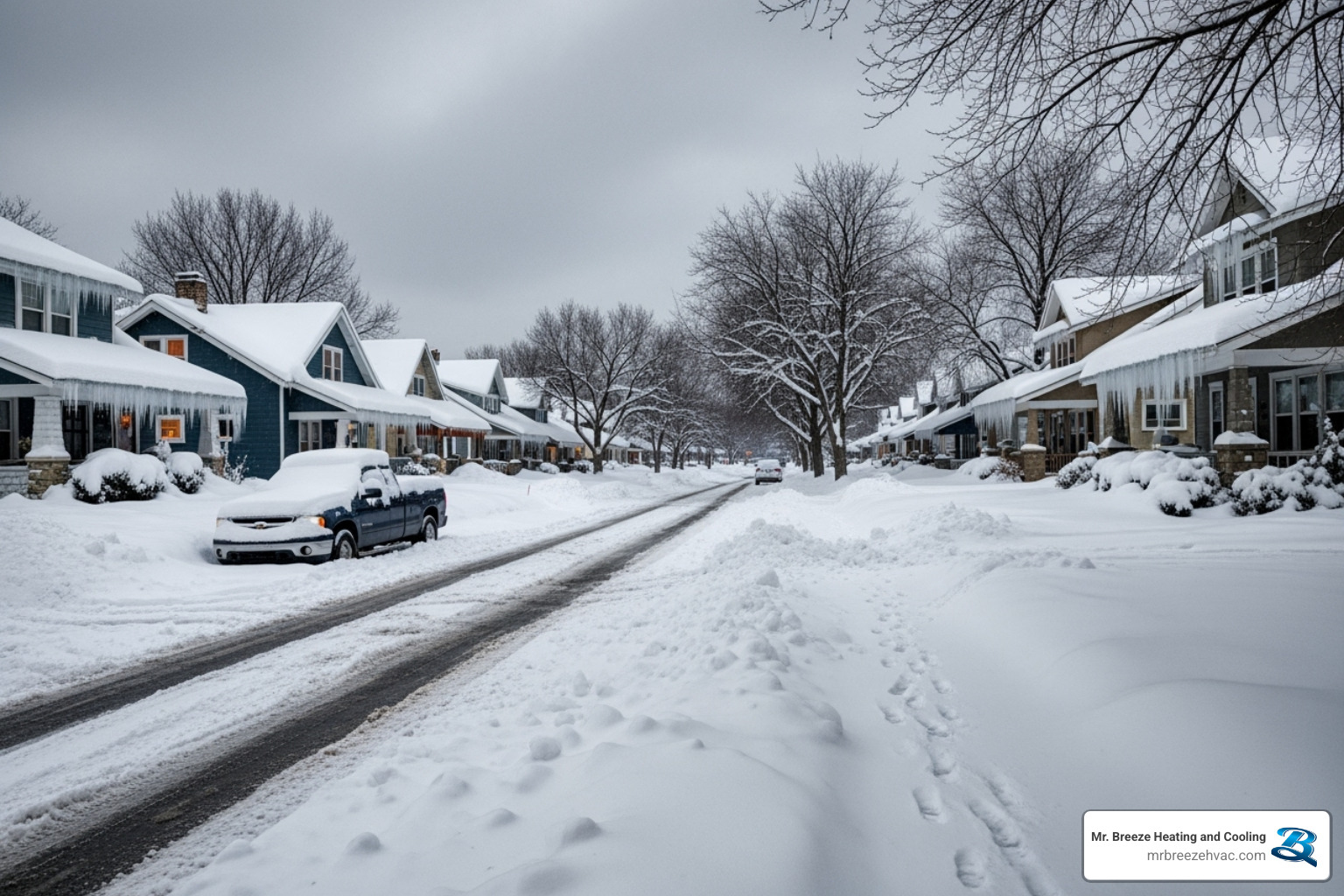 A snowy residential street in Kansas City, KS, with houses partially covered in snow and icicles hanging from roofs, emphasizing the harsh winter conditions. - furnace repair kansas city ks
