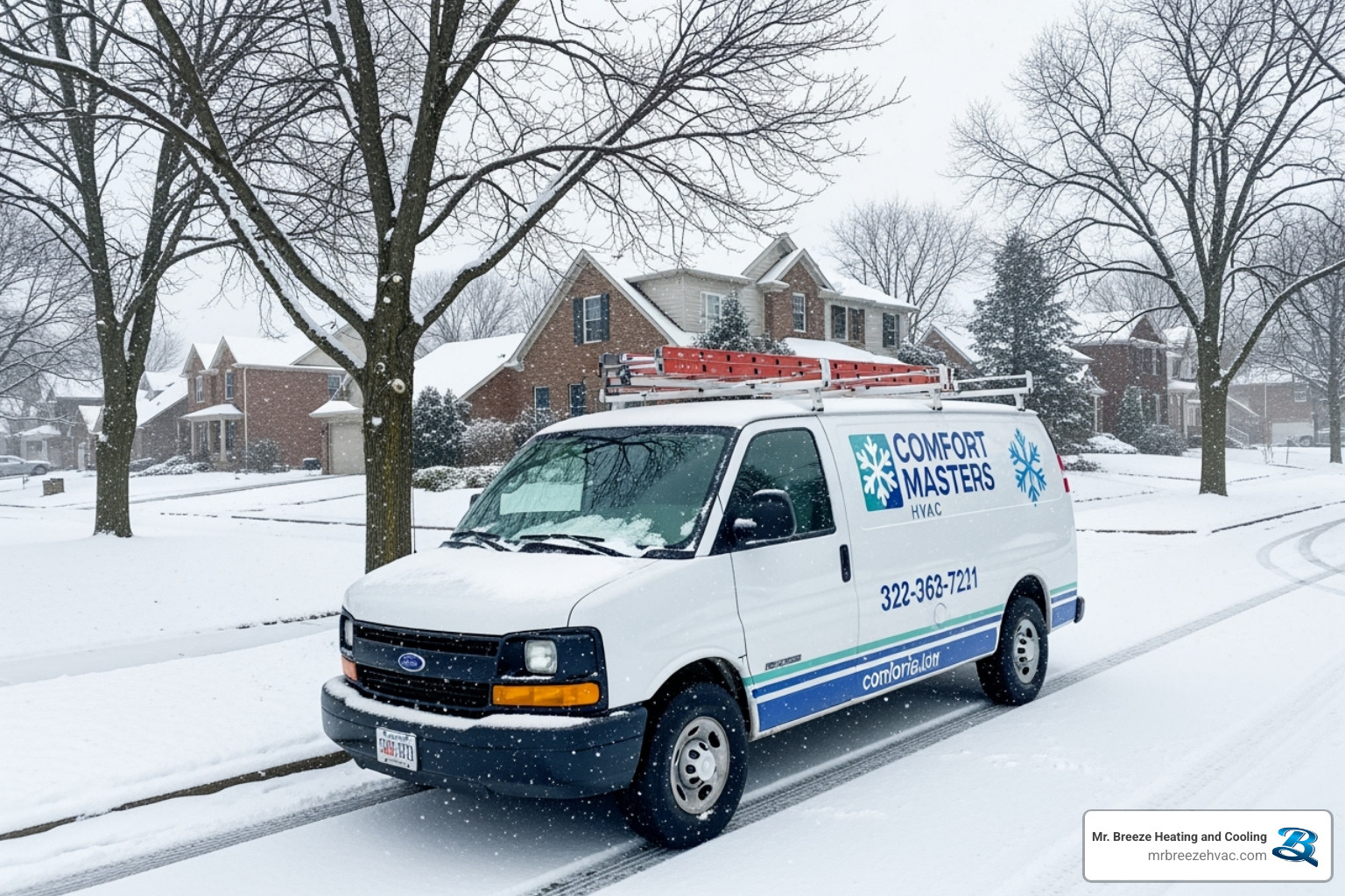 A service van from an HVAC company parked in a residential Kansas City neighborhood during winter, with snow on the ground - best furnace repair kansas city ks