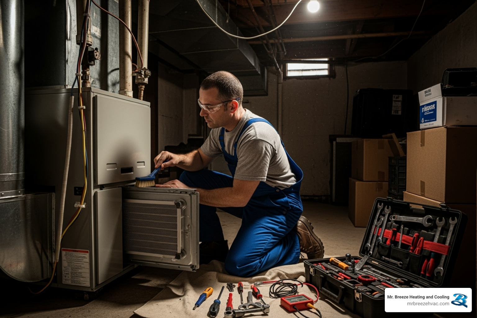 A technician performing a furnace tune-up in a residential home - best furnace repair kansas city ks