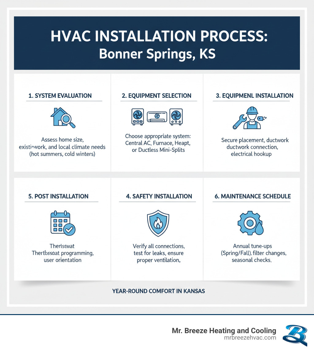 Comprehensive infographic showing the HVAC installation process in Bonner Springs, KS, including system evaluation, equipment selection, professional installation steps, safety checks, and post-installation maintenance schedule with local climate considerations - hvac installation near bonner springs ks infographic 