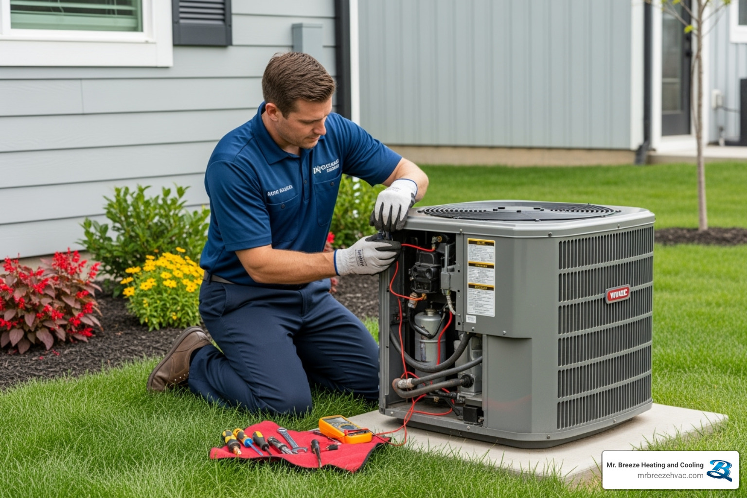 certified technician working on an outdoor HVAC unit - hvac installation near bonner springs ks