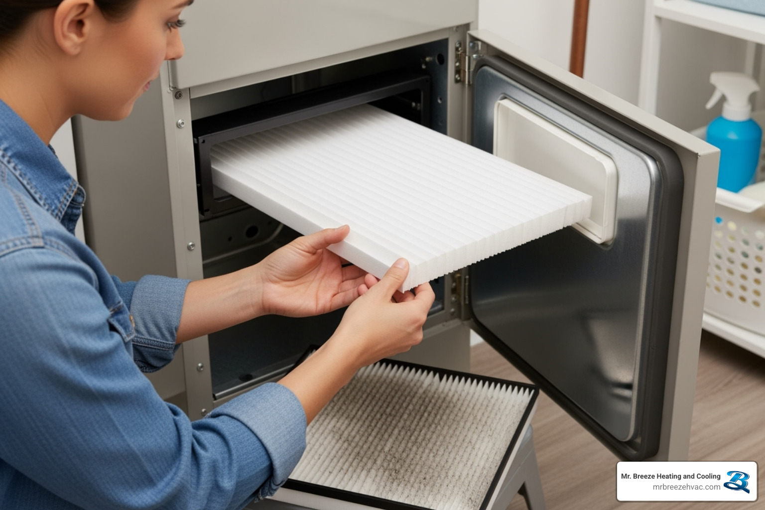 homeowner easily changing their HVAC system's air filter - hvac installation near bonner springs ks