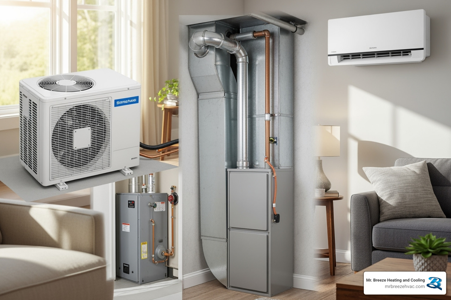 different types of HVAC units like a central AC, furnace, and a ductless mini-split - hvac installation near bonner springs ks