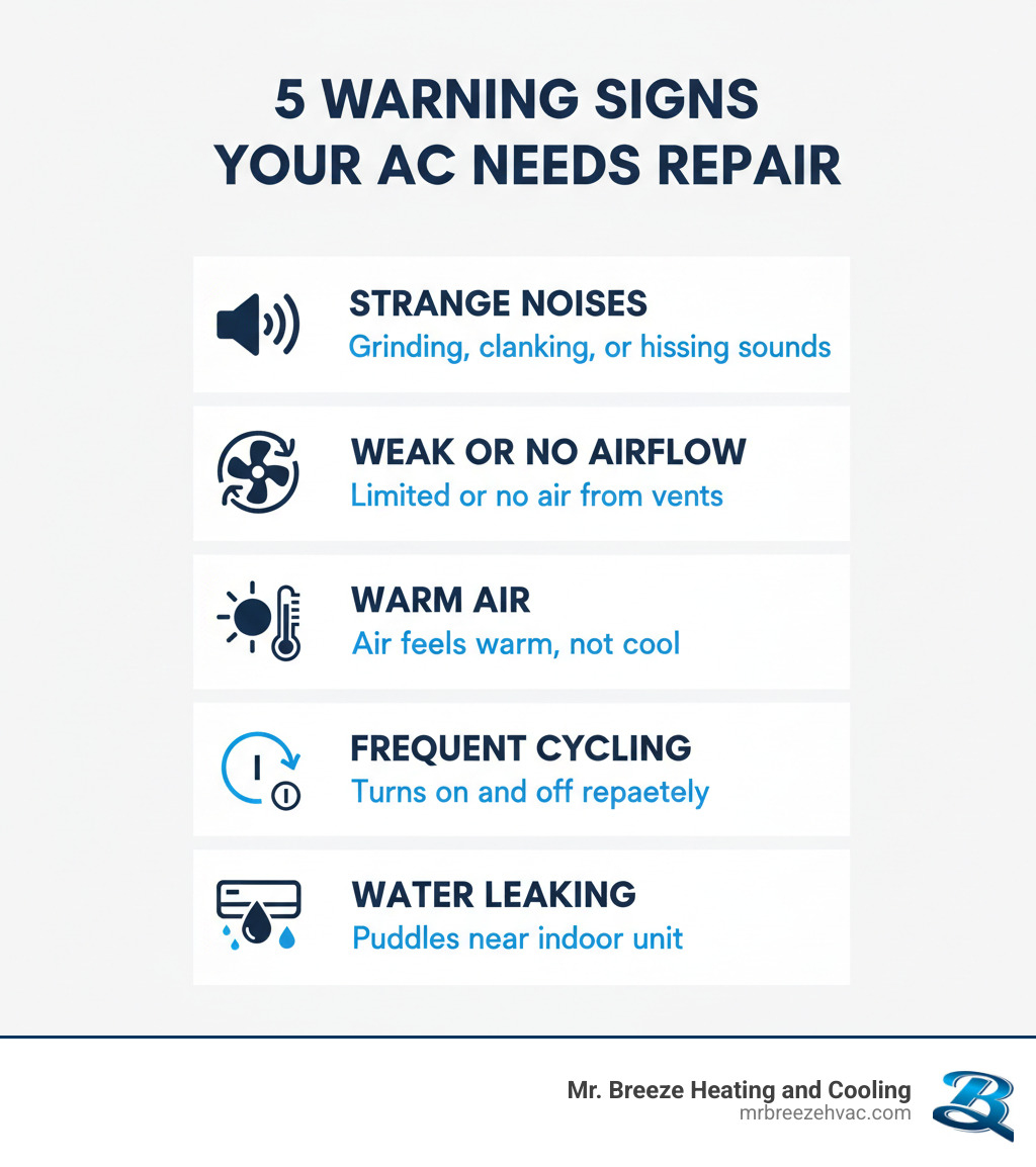 Infographic showing the top 5 warning signs your AC needs professional repair: strange noises from the unit, weak or no airflow from vents, warm air instead of cool air, frequent on-off cycling, and water leaking around the indoor unit - best ac repair kansas city ks infographic 