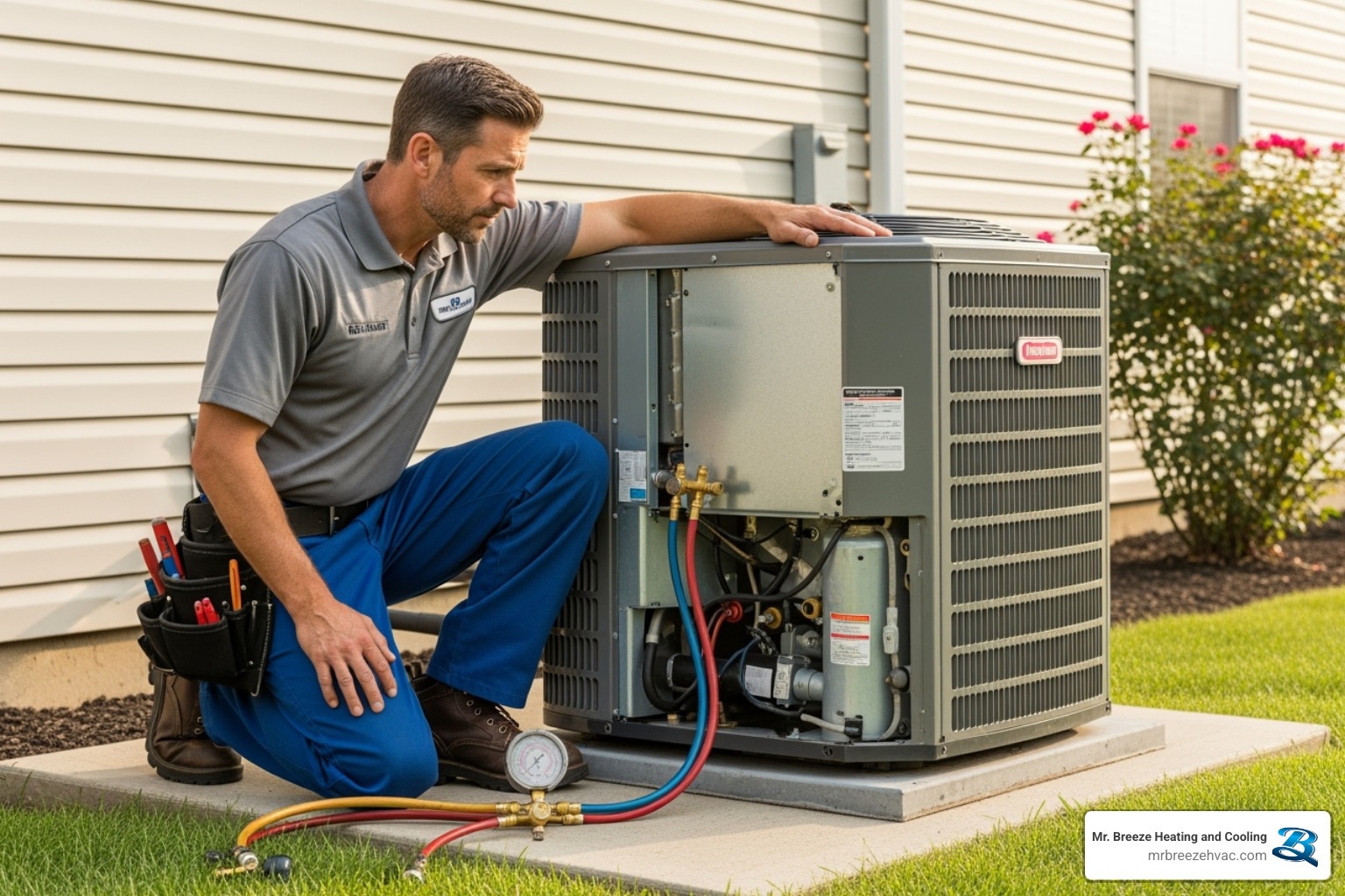 Technician examining an outdoor AC unit's components - best ac repair kansas city ks