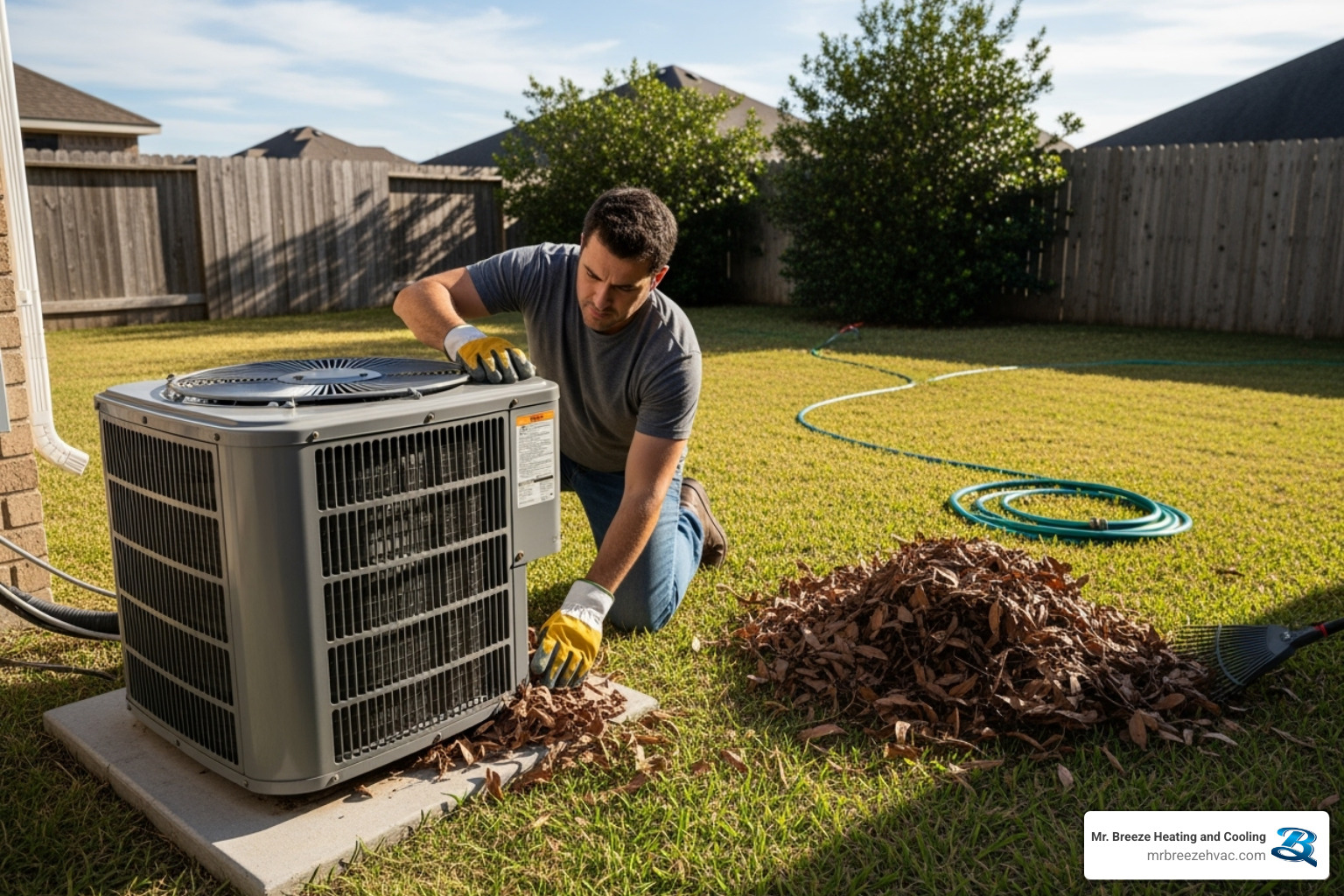 Homeowner cleaning debris from around an outdoor AC unit - best ac repair kansas city ks