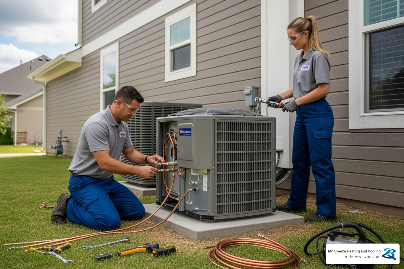 technicians professionally installing an outdoor AC unit - central air installation basehor ks