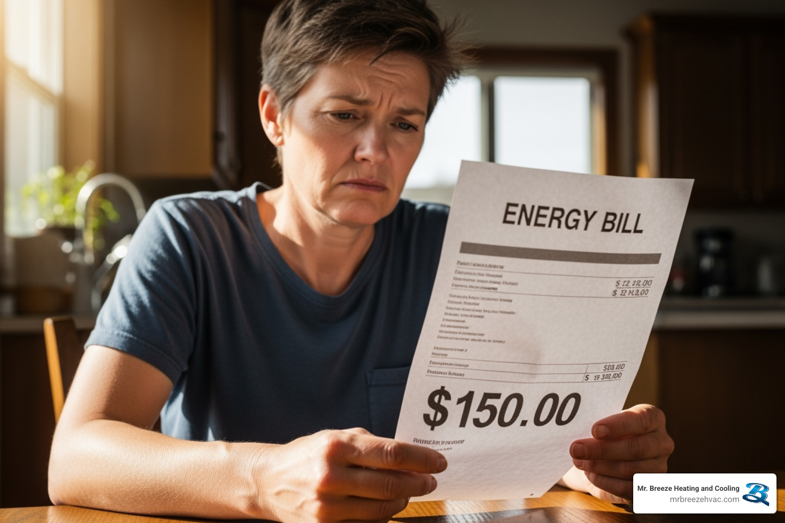homeowner looking at high energy bill with concern - heat pump repair kansas city ks