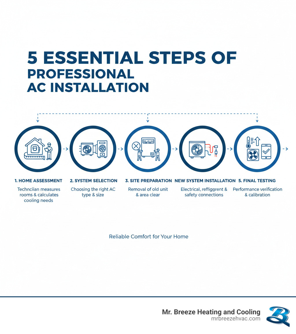 Detailed infographic showing the 5 essential steps of professional AC installation: 1) Home assessment and load calculation with technician measuring rooms, 2) System selection showing different AC unit types, 3) Site preparation with old unit removal, 4) New system installation with proper electrical and refrigerant connections, 5) Final testing and calibration with performance verification - air conditioning installation near me infographic 