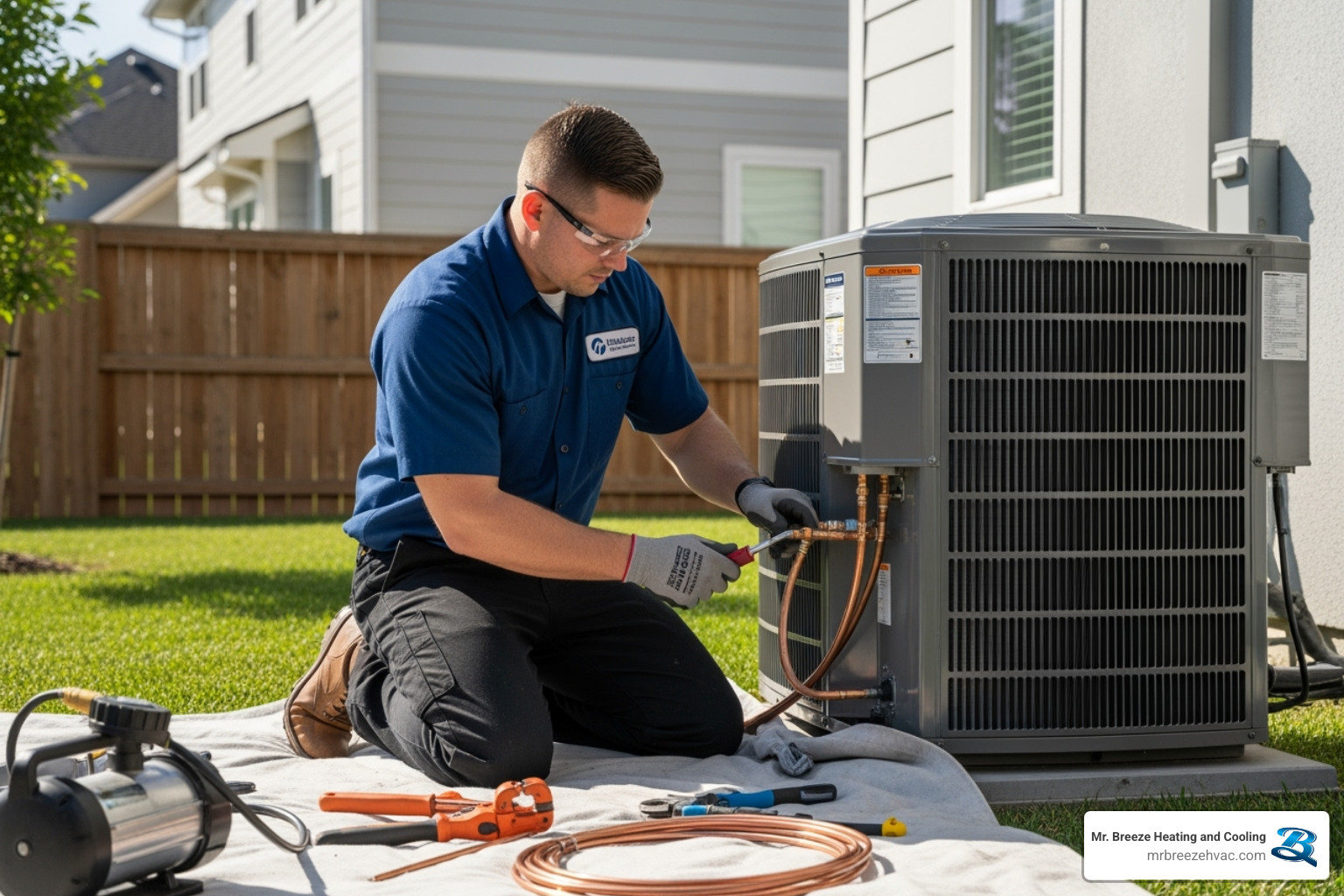Image of a certified technician carefully installing an outdoor condenser unit - air conditioning installation near me