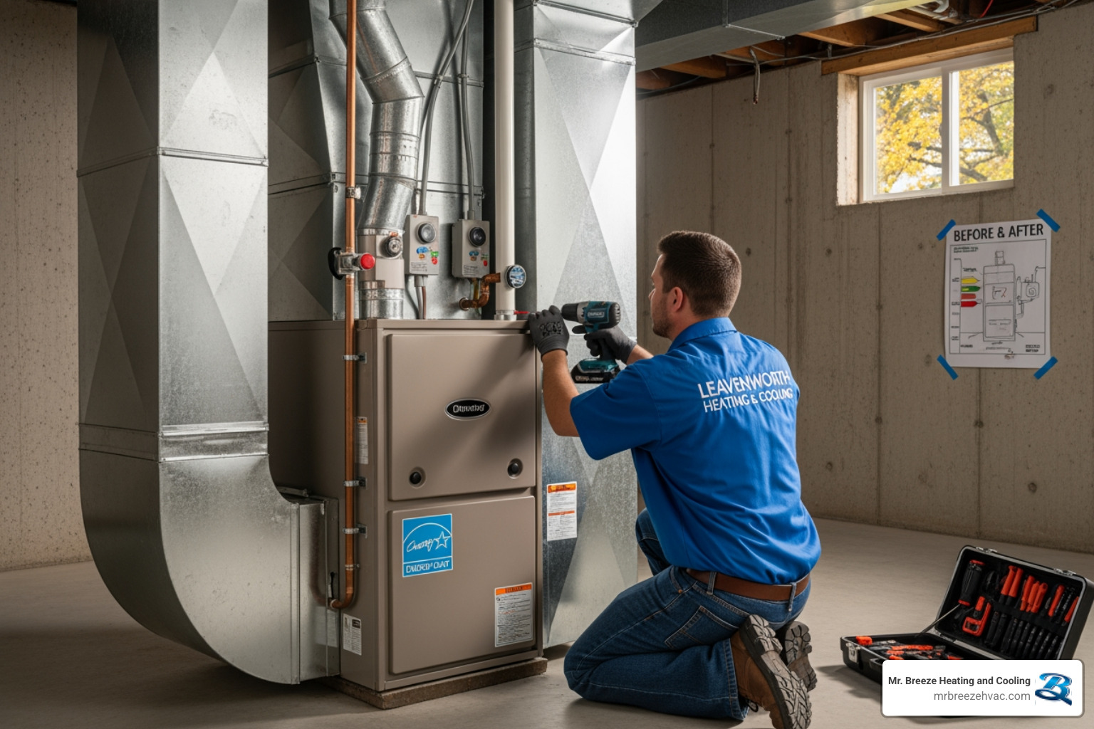 homeowner checking thermostat, looking concerned about high energy bills - affordable heating installation in leavenworth, ks