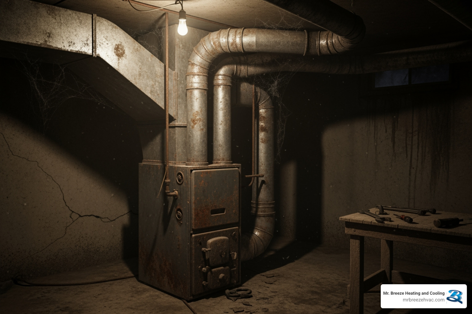 old, dusty furnace unit in a basement - heating installation in kansas city, ks
