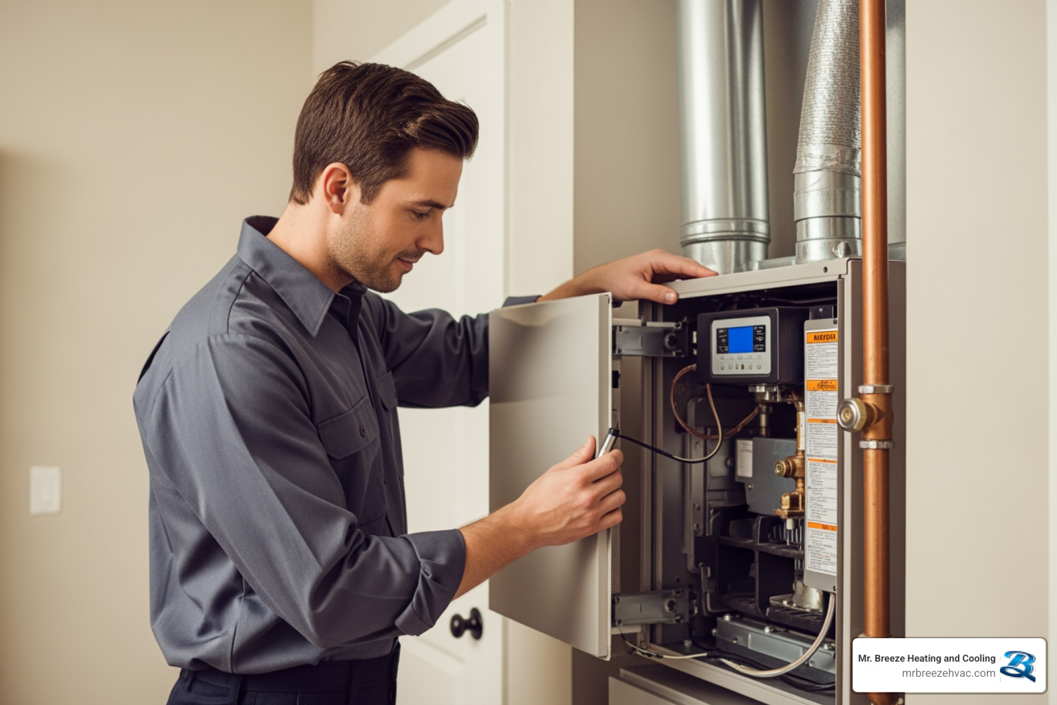 professional technician respectfully working on a furnace in a clean utility room - emergency heating repair in leawood, ks