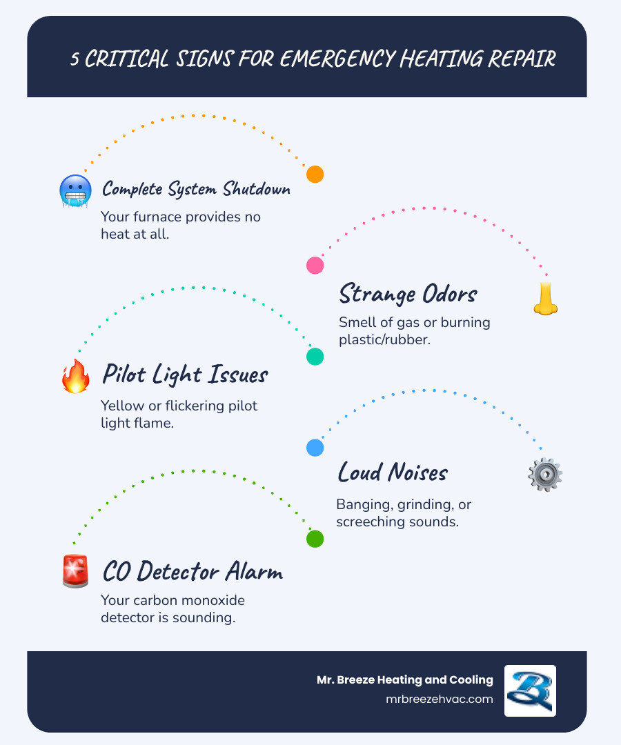 Infographic showing 5 critical signs requiring emergency heating repair: 1) Complete system shutdown with no heat, 2) Gas odor or burning plastic smell, 3) Yellow or flickering pilot light flame, 4) Loud banging or grinding noises from furnace, 5) Carbon monoxide detector alarm sounding - emergency heating repair in leawood, ks infographic infographic-line-5-steps-blues-accent_colors