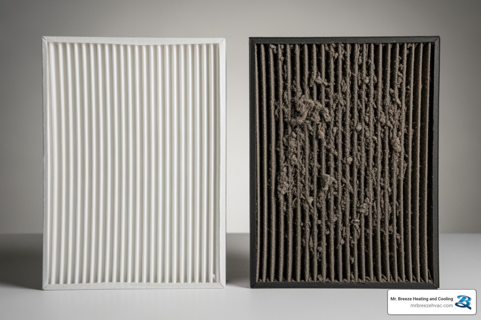 comparison of a clean air filter next to a heavily clogged, dirty one - emergency heating repair in leawood, ks