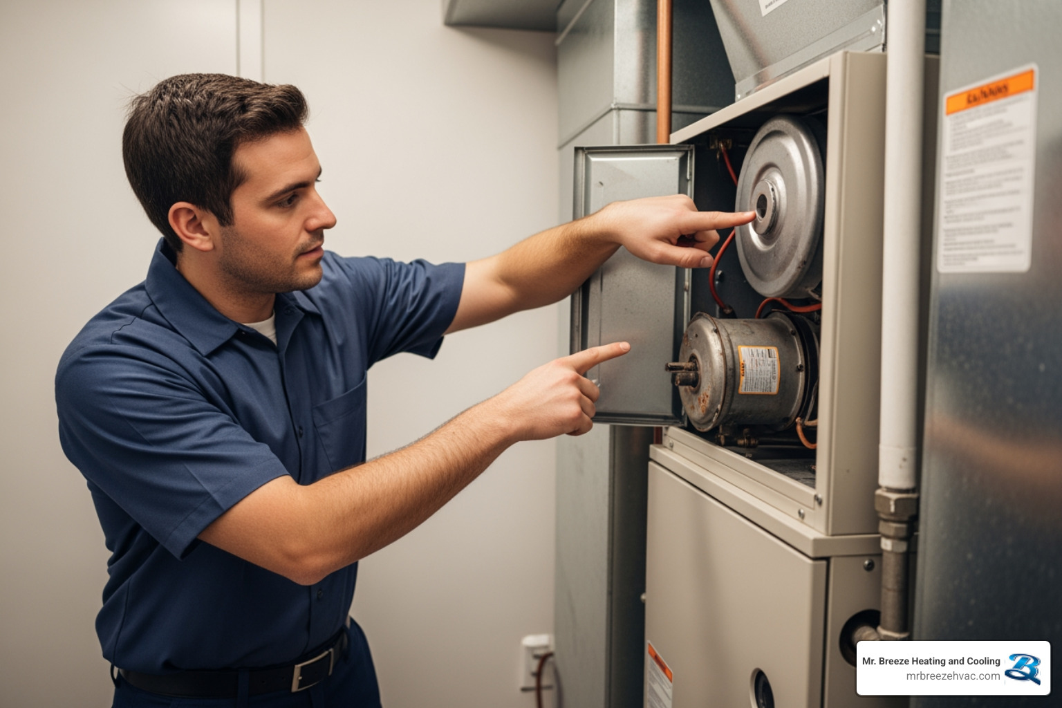 Technician pointing to a worn-out part on a furnace - emergency heating repair in merriam, ks