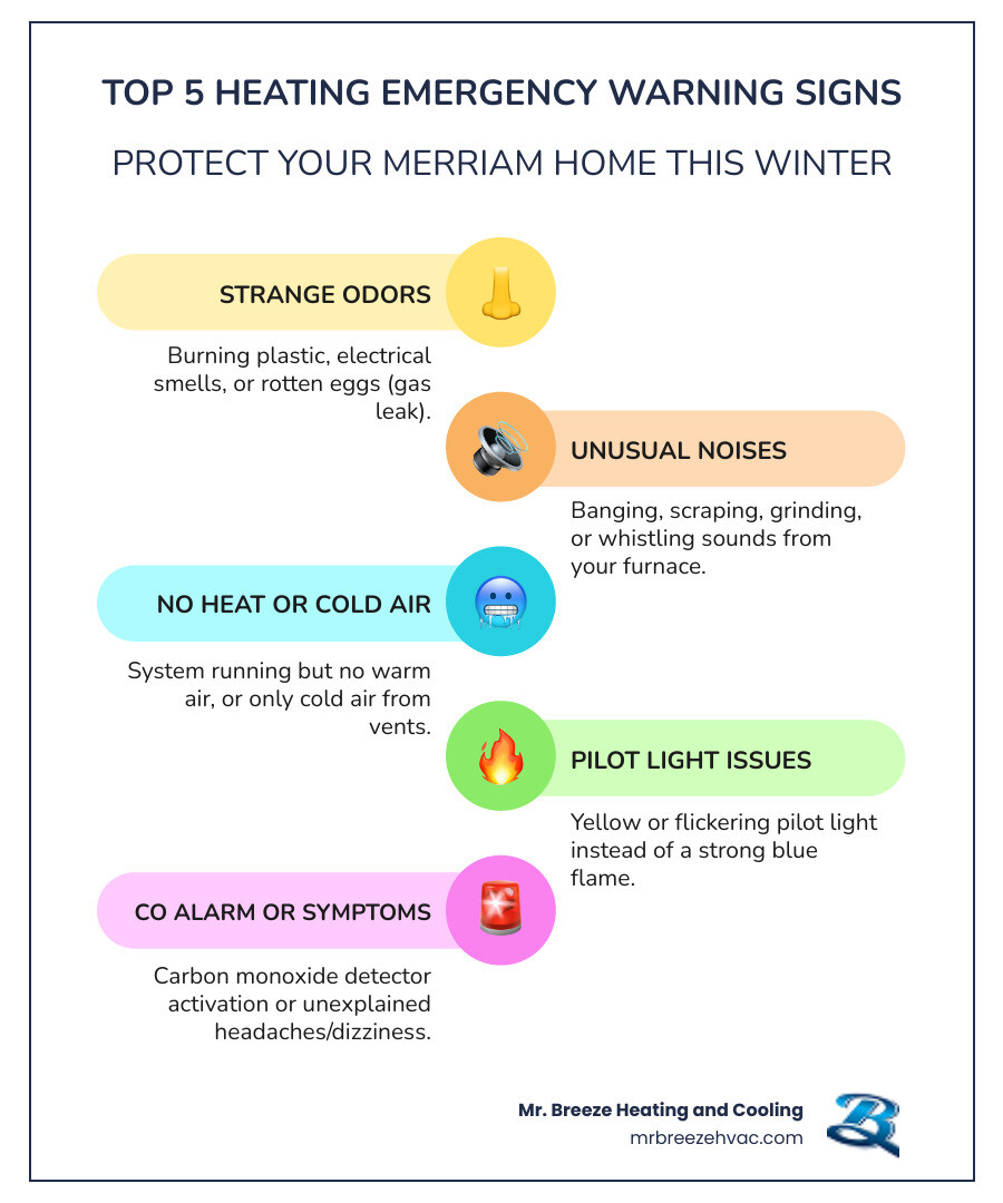 Infographic showing the top 5 warning signs of a heating emergency: 1) Strange odors like burning plastic or rotten eggs, 2) Unusual noises including banging, scraping, or whistling sounds, 3) No heat or cold air blowing from vents, 4) Yellow or flickering pilot light instead of blue flame, 5) Carbon monoxide detector alarm activation or unexplained symptoms like headaches and dizziness - emergency heating repair in merriam, ks infographic infographic-line-5-steps-colors