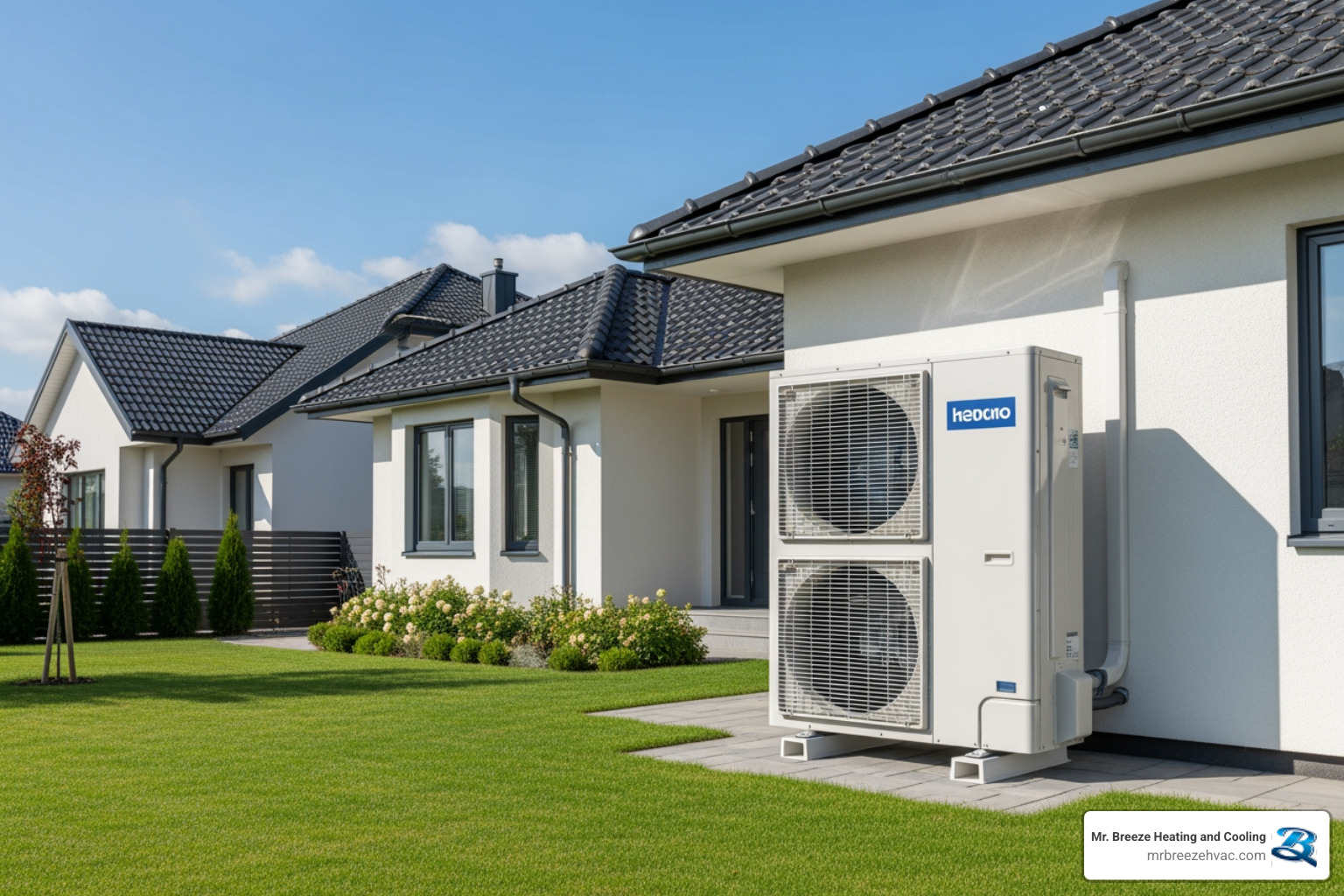 A modern, efficient heat pump unit outside a suburban home with green grass and a clear sky - reliable heat pump company in leavenworth, ks